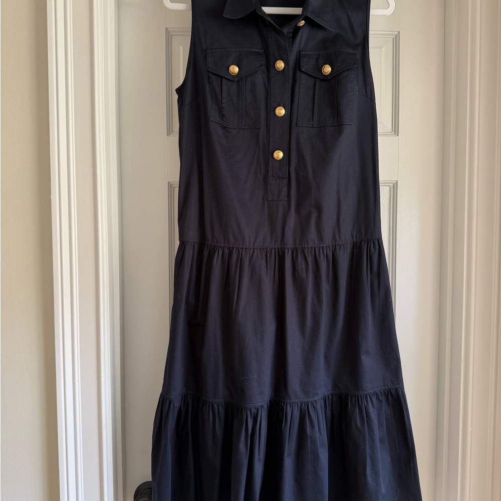 Elie Tahari Navy Sleeveless Dress with Gold Buttons
